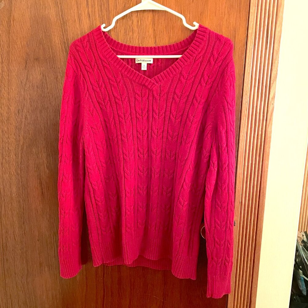 Croft and Barrow Red Cable Knit V Neck Sweater 100% Cotton Women's L